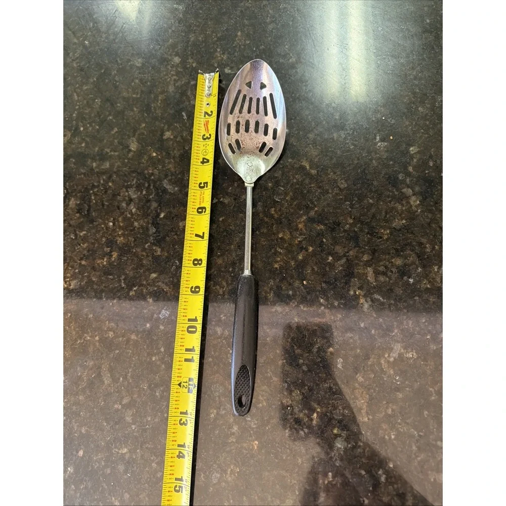 Ekco Chrome Plated Metal Slotted Spoon Black Handle Vintage Utensil Serving